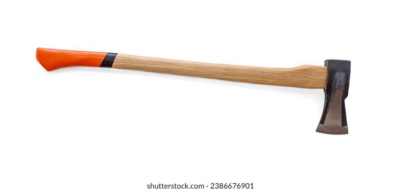 Cleaver ax on a white background. wedge-shaped woodcutter ax, ax, heavy, on a long ax handle, designed for chopping wood.