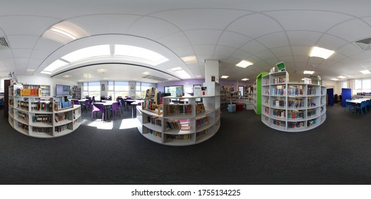 Cleckheaton UK, 13th June 2020: 360 degree panoramic sphere photo of the Whitcliffe Mount Primary School showing the School Library and books in book cases