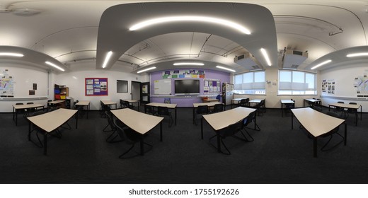 Cleckheaton UK, 13th June 2020: 360 Degree Panoramic Sphere Photo Of The Whitcliffe Mount Primary School Showing A Typical British Class Room And Tables And Chairs