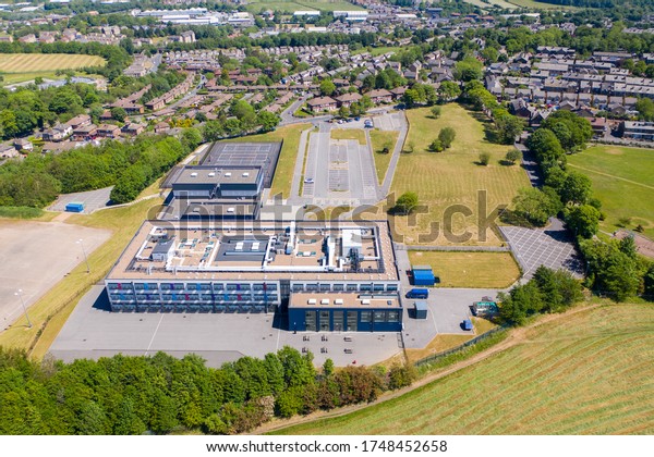 Cleckheaton UK,
29th May 2020: Aerial drone photo of the Whitcliffe Mount Primary
School, showing an aerial photo of the British school building on a
bright sunny summers
day