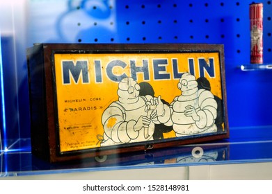 CLERMONT-FERRAND, FRANCE - SEPTEMBER 4, 2019: Old Michelin advertising on display at the brand museum in Clermont-Ferrand
