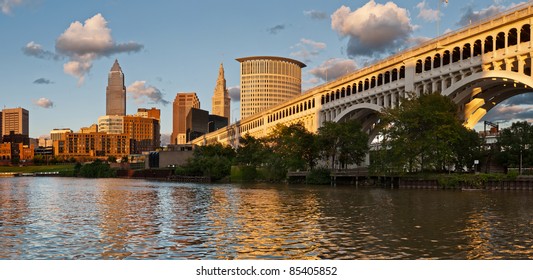 Cleveland. Image Of Cleveland Downtown Skyline At Sunset.