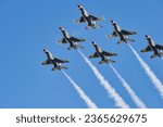 Cleveland National Airshow. Burke Lakefront Airport. September 3, 2023.  US Air Force Thunderbird Jets in formation.
