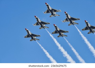 Cleveland National Airshow. Burke Lakefront Airport. September 3, 2023.  US Air Force Thunderbird Jets in formation.