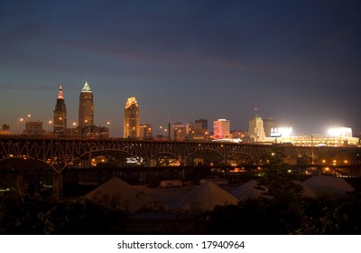 Cleveland Night Skyline Showing Baseball Stadium And Gravel Piles In The Flats