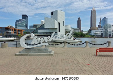 CLEVELAND, OH -23 JUN 2019- View Of The Cleveland Sign In Front Of The Skyline Of Cleveland, Ohio On The Shore Of Lake Erie.