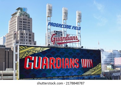 Cleveland, OH - June 30, 2022 - The scoreboard in the outfield at Progressive Field shows the Cleveland Guardians won.