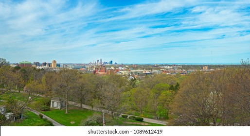 CLEVELAND, OH - MAY 5, 2018: Panoramic View Of Cleveland Ohio From The Garfield Memorial Shows Lake Erie, Downtown, And The University Circle Cultural And Hospital District.