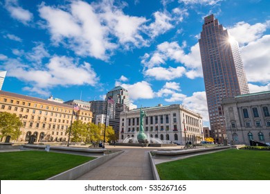 CLEVELAND, OH - NOVEMBER 4: Downtown Cleveland Skyline And Fountain Of Eternal Life Statue In Ohio USA On November 4, 2016