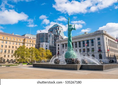 CLEVELAND, OH - NOVEMBER 4: Downtown Cleveland Skyline And Fountain Of Eternal Life Statue In Ohio USA On November 4, 2016