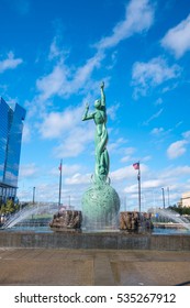 CLEVELAND, OH - NOVEMBER 4: Downtown Cleveland Skyline And Fountain Of Eternal Life Statue In Ohio USA On November 4, 2016