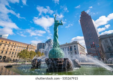 CLEVELAND, OH - NOVEMBER 4: Downtown Cleveland Skyline And Fountain Of Eternal Life Statue In Ohio USA On November 4, 2016