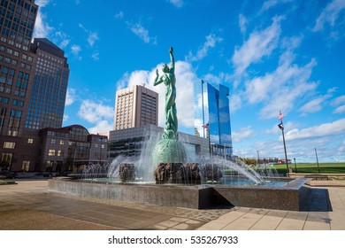 CLEVELAND, OH - NOVEMBER 4: Downtown Cleveland Skyline And Fountain Of Eternal Life Statue In Ohio USA On November 4, 2016