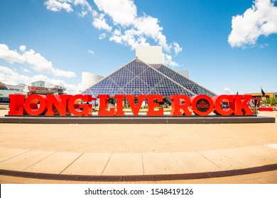 CLEVELAND, OHIO - AUGUST 9, 2019: Rock And Roll Hall Of Fame Entrance. The Building Was Dedicated September 1, 1995.