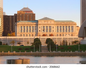 Cleveland, Ohio, City Hall Seen From The Waterfront Near Sunset