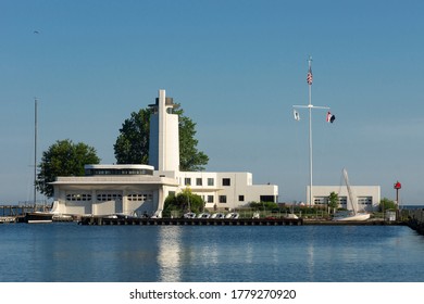 CLEVELAND, OHIO JULY 18, 2020: The restored former US Coast Guard station at the mouth of the Cuyahoga River now has new life hosting a facility that teaches sailing.