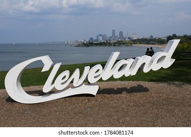 CLEVELAND, OHIO - JUNE 05, 2019: Cleveland Sign And Skyline At Lake Erie Edgewater Park