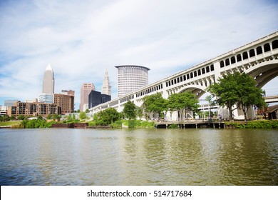 Cleveland Ohio Skyline As Seen From Heritage Park In The Flats Downtown