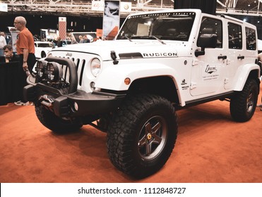 Cleveland, Ohio, United States - March 25, 2015: Rubicon Wrangler Jeep White Car At A Car Show Ready For A New Adventure 