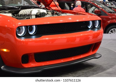 Cleveland, Ohio, United States - May 25, 2015: Auto Show Exhibition Of A Red Fast Car Showing The Engine 