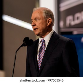Cleveland Ohio, USA, 18th July, 2016Republican Senator from Alabama Jeff Sessions addresses the National Nominating Convention from the podium in the Quicken Loans Sports Arena