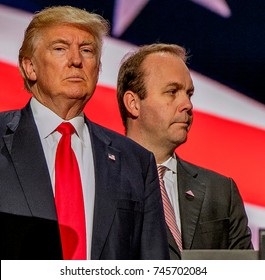 Cleveland Ohio, USA, 21th July , 2016Donald Trump and Rick Gates on stage during the sound checks in Quicken Arena for the Republican National Convention
