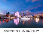 Cleveland, Ohio, USA downtown city skyline and harbor at twilight.