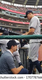 Cleveland, Ohio / USA - July 14, 2018: New York Yankees Outfielder Aaron Judge Walks Into The Dugout During A Game Against The Cleveland Indians At Progressive Field.