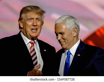 Cleveland, Ohio, USA, July 20, 2016
Republican Presidential nominee Donald J. Trump congratulates his running mate Indiana Governor Mike Pence after Pence formally accepted the nomination 