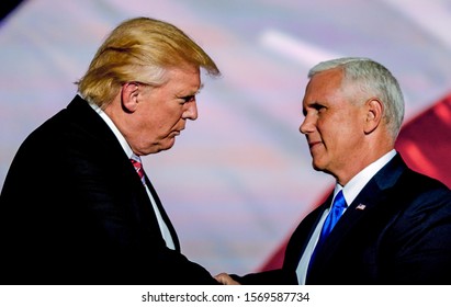 Cleveland, Ohio, USA, July 20, 2016
Republican Presidential nominee Donald J. Trump congratulates his running mate Indiana Governor Mike Pence after Pence formally accepted the nomination 