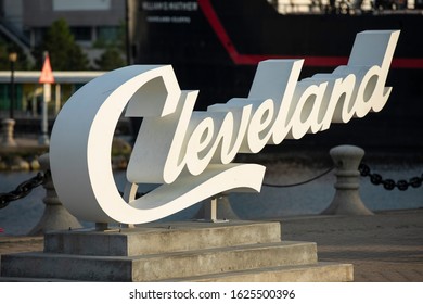 Cleveland, Ohio, USA - June 18, 2018:  The Famous Cleveland Sign Landmark Script Overlooking The Skyline In Downtown Ohio USA