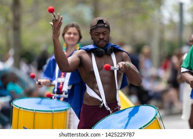 Cleveland, Ohio, USA - June 8, 2019: Parade The Circle, African American Man Playing The Drums During The Parade