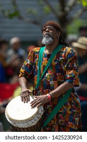 Cleveland, Ohio, USA - June 8, 2019: Parade The Circle, African American Man Playing The Drums During The Parade