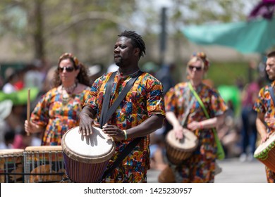 Cleveland, Ohio, USA - June 8, 2019: Parade The Circle, African American Man Playing The Drums During The Parade