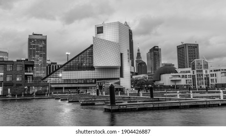 Cleveland, Ohio - USA - May 14, 2019: Black And White View Of The Rock And Roll Hall Of Fame In Downtown C-Town.