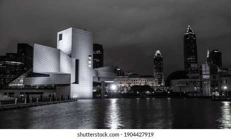 Cleveland, Ohio - USA - May 14, 2019: Black And White Nightscape Of The Rock And Roll Hall Of Fame.