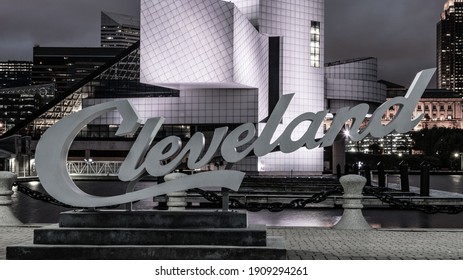 Cleveland, Ohio - USA - May 14, 2019: The Rock N Roll Hall Of Fame All Lit Up At Night.