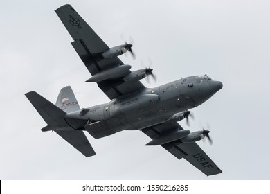 CLEVELAND, OHIO / USA - September 1, 2019: A United States Air Force C-130 Hercules performs a demo at the 2019 Cleveland Airshow.