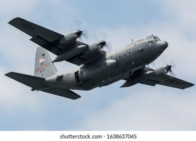 CLEVELAND, OHIO / USA - September 3, 2017: A United States Air Force C-130 Hercules performs at the 2018 Cleveland International Airshow.