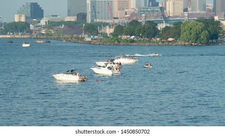 Cleveland, Ohio/USA - July 4, 2019: Water Fun On Lake Erie With Leisure Boats, Crafts, And Some Holiday Fishing.