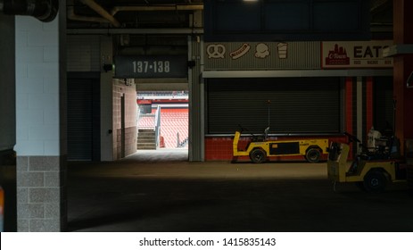 Cleveland, Ohio/USA - June 1, 2019: Inside Look Of First Energy Stadium With Low Light Concession Area And Daylight Stadium Tunnel In Background. No People.