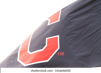 Cleveland, Ohio/USA - June 1, 2019: Closeup View Of Cleveland Indians Flag Waving In The Wind With Plenty Of Room For Your Text. A Professional Baseball Team In The American League.
