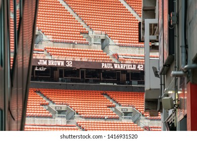 Cleveland, Ohio/USA - June 1, 2019: Inside Look At Cleveland Brown's Stadium, Also Known As First Energy Stadium, With Seating And Ring Of Honor.