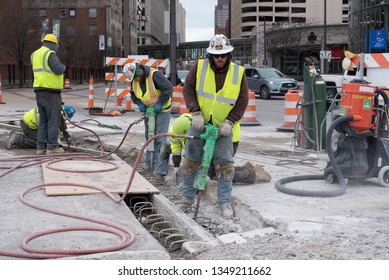 Cleveland, Ohio/USA -  March 15 2019: Construction Crew In Downtown Cleveland.