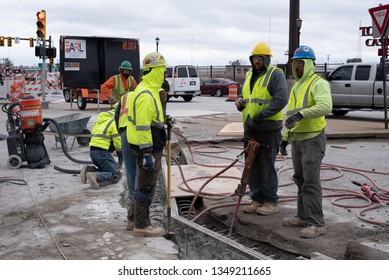 Cleveland, Ohio/USA -  March 15 2019: Construction Crew In Downtown Cleveland.