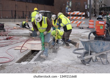 Cleveland, Ohio/USA -  March 15 2019: Construction Crew In Downtown Cleveland.