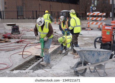 Cleveland, Ohio/USA -  March 15 2019: Construction Crew In Downtown Cleveland.