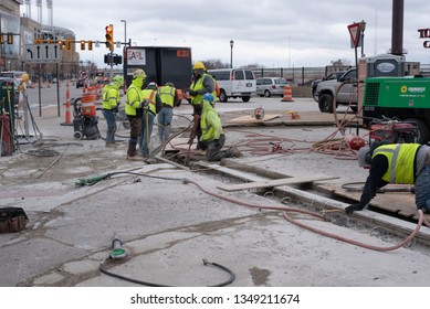 Cleveland, Ohio/USA -  March 15 2019: Construction Crew In Downtown Cleveland.