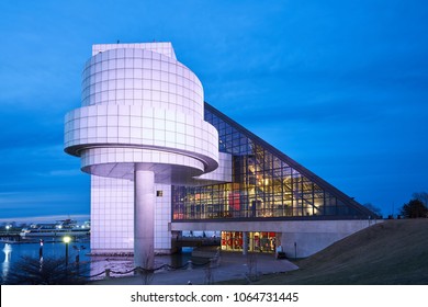 Cleveland, Ohio/USA - March 5th 2018: The Rock And Roll Hall Of Fame Lit Up At Night.