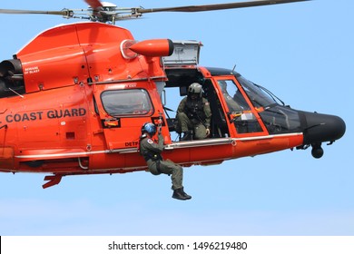 Cleveland, OH-USA August 31, 2019: Cleveland National Air Show featuring the U.S. Coast Guard Search and Rescue Demo.